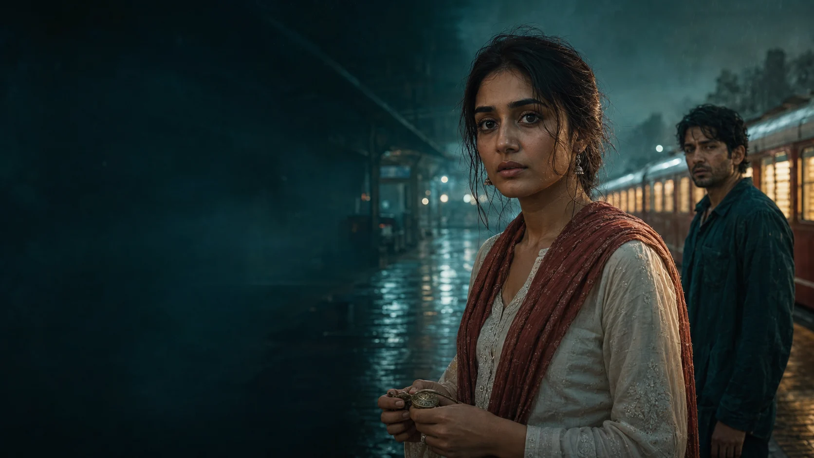 Anaya holds a brass keepsake on a rain-soaked Indian railway platform, with Kabir and a warmly lit train behind her