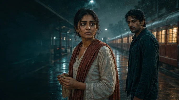 Anaya and Kabir sharing a secret on the monsoon railway platform