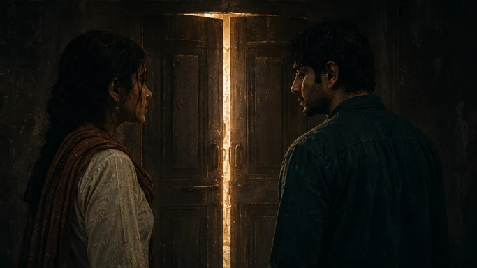 Anaya and Kabir facing a mysterious doorway